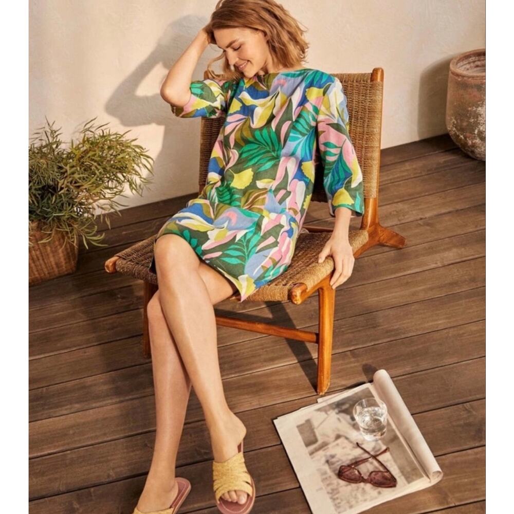 Boden Laurie Linen Shift Dress Womens Size 8R Multi Color Plum Blossom Tropical - Picture 5 of 11